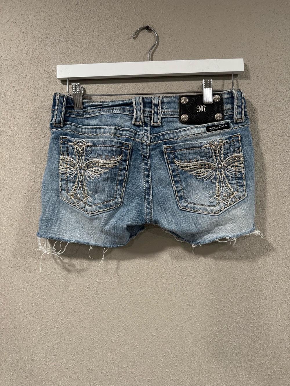 Miss Me Washed Blue Embroidered Wing Pocket Denim Shorts